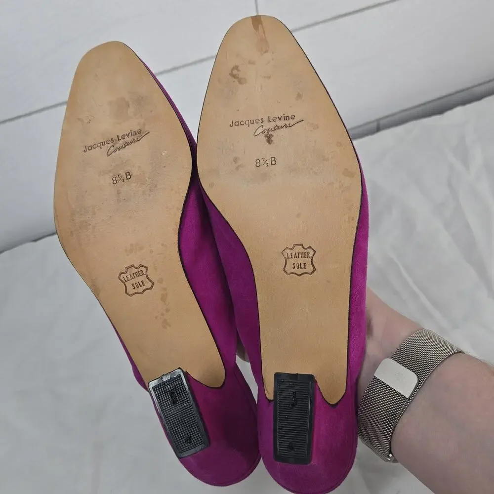 Vintage Jacques Levine Couture Suede Mules Fuchsia Pink Kitten Heels 8.5 B - Picture 10 of 11